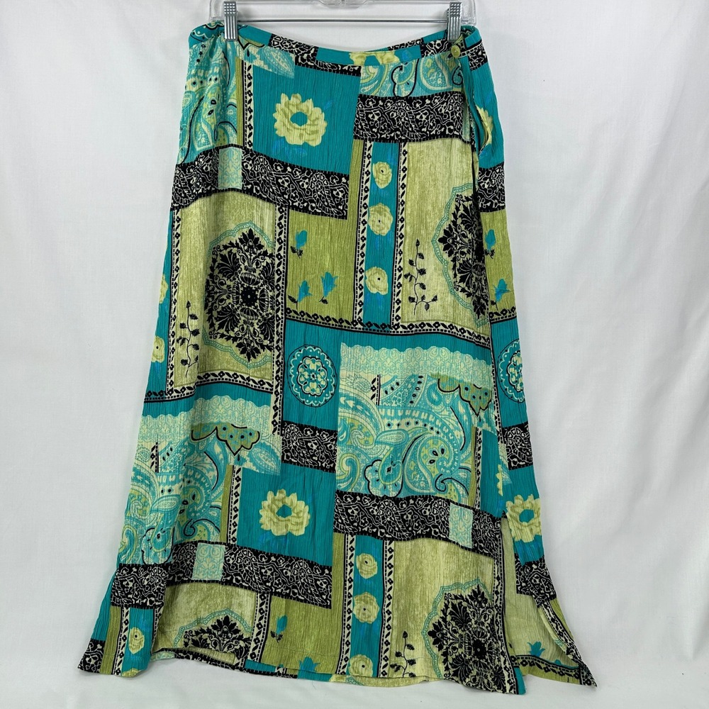 Vintage Y2K JM Collection Turquoise Green Floral Paisley Patchwork Maxi Skirt XL